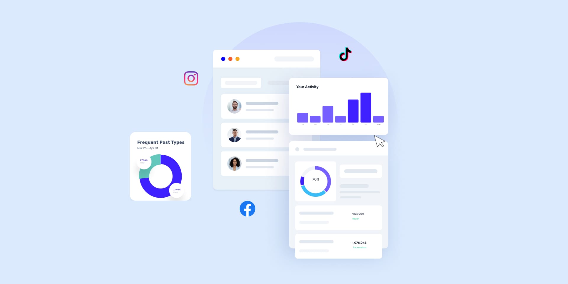 Digital illustration showing social media analytics with charts, graphs, and icons of Instagram, Facebook, and TikTok, on a light blue background.