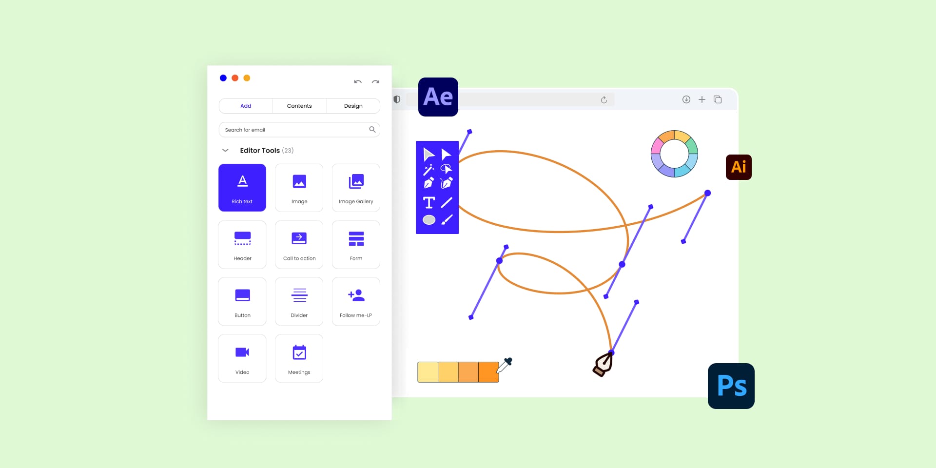 Design software interface showing vector graphics tools, color palette, and editing icons with labels for After Effects, Illustrator, and Photoshop on a light green background.