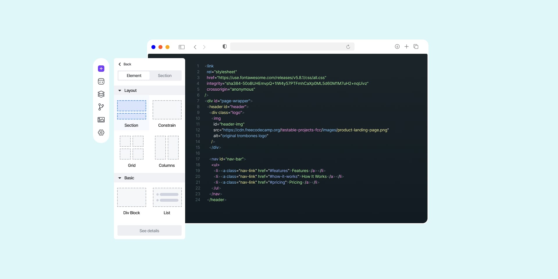 The image shows a coding interface with HTML and CSS displayed. A sidebar features layout design options on a light blue background.