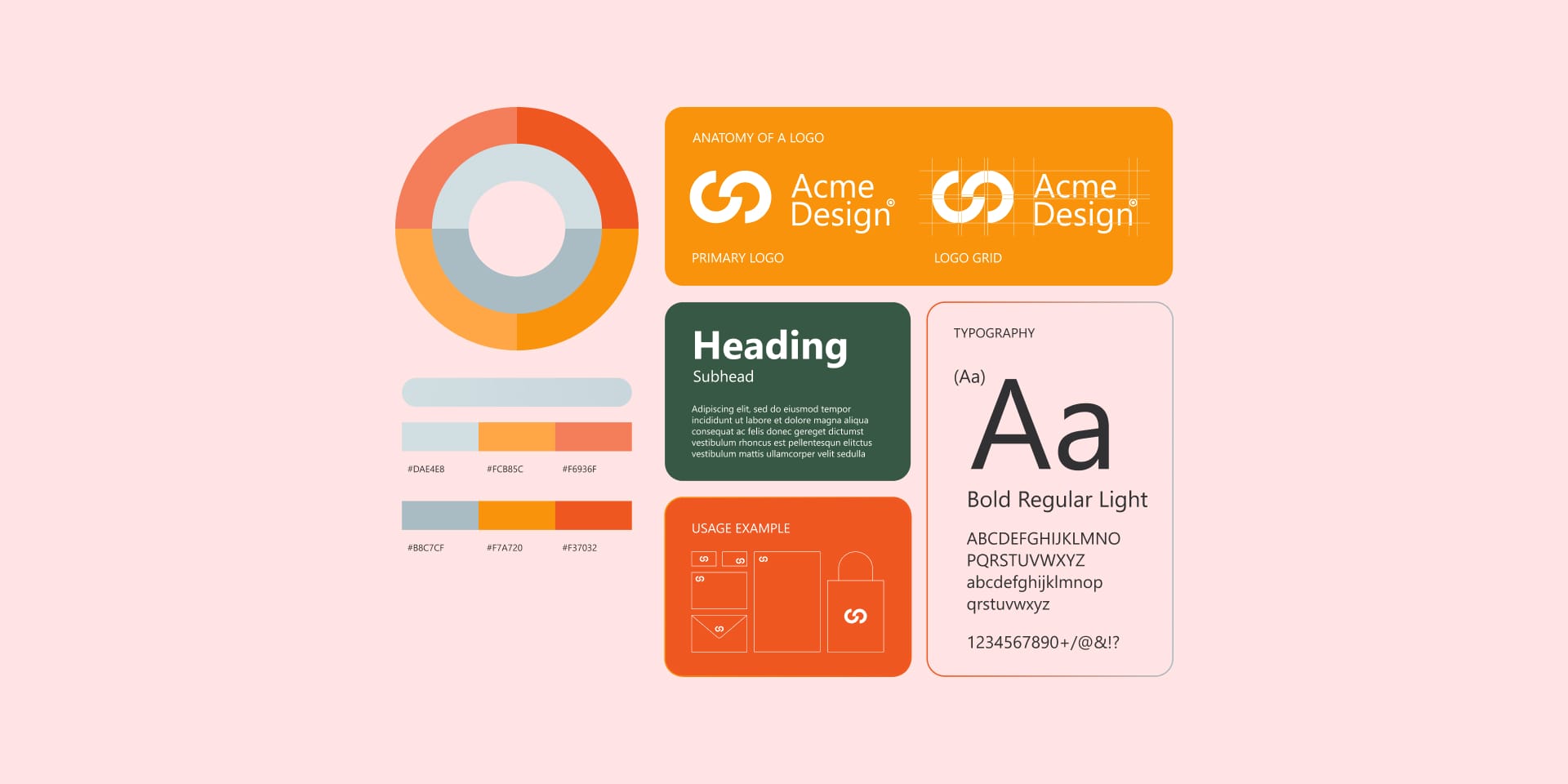 Design style guide for "Acme Design" featuring logos, typography, color palette, and layout examples in orange and gray tones on a light pink background.
