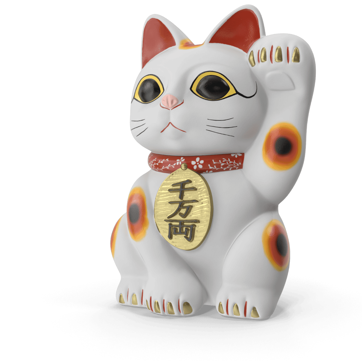 A porcelain Maneki Neko figurine with a raised paw and golden plaque, featuring traditional colors and patterns, sits against a black background.