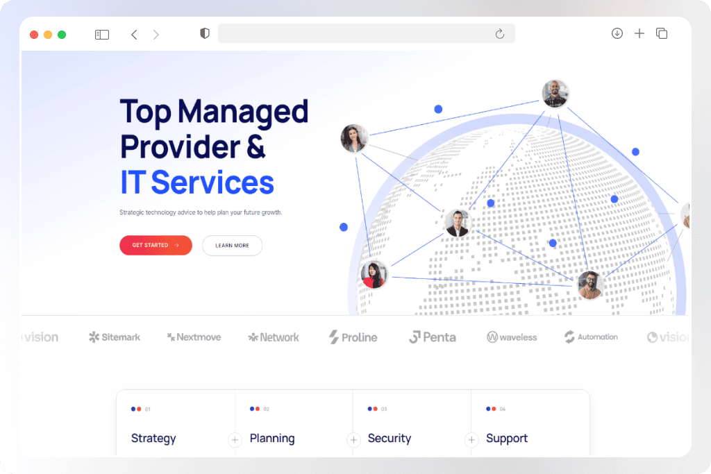 Website homepage displaying IT services with a globe graphic, interconnected people icons, and call-to-action buttons for exploring services and contacting the provider.