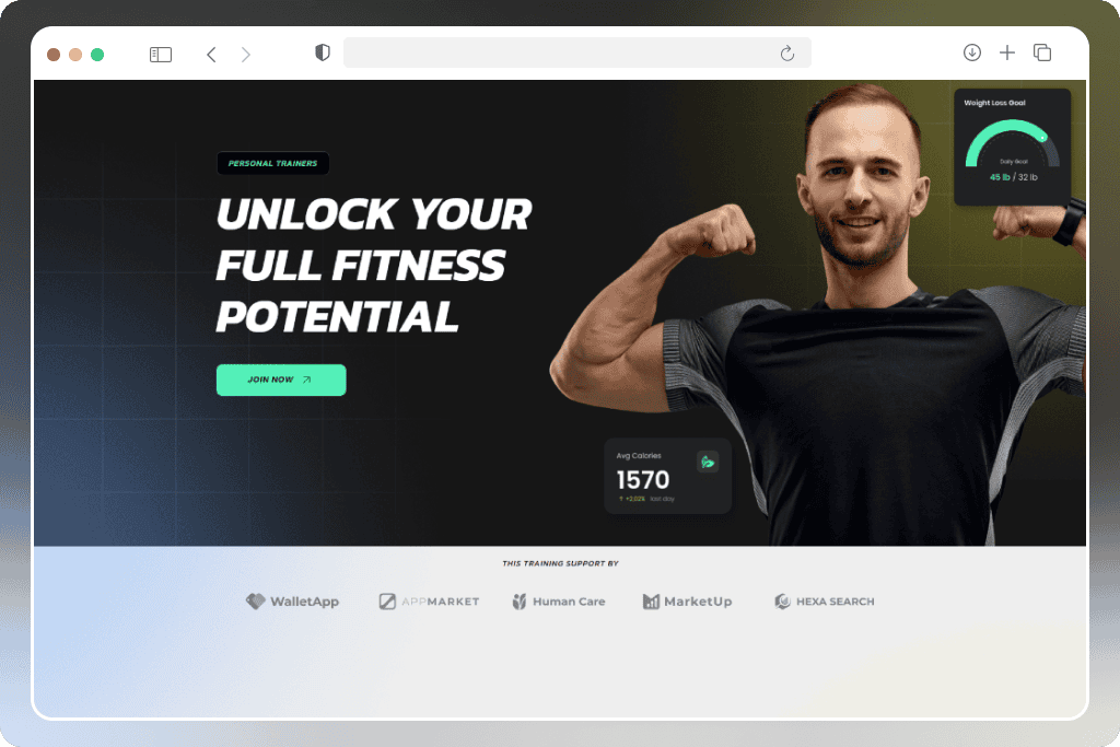 A person flexing in a fitness-themed webpage, promoting potential. Includes a join button, calorie count, and sponsorships.