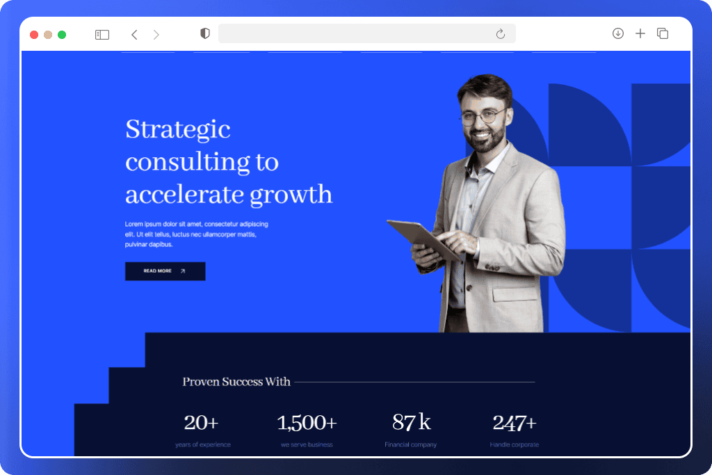 A smiling person in formal attire holds a tablet against a blue background on a strategic consulting website, highlighting business success statistics.