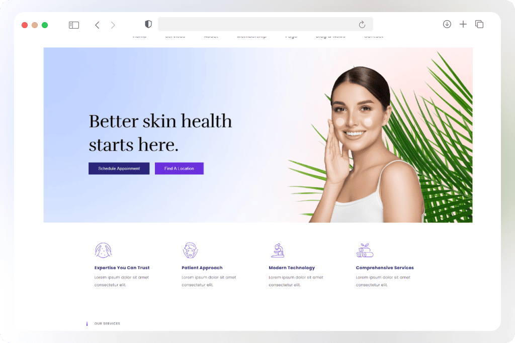 A website homepage with a smiling person, palm leaves, and text promoting skin health. Buttons offer appointment scheduling and location finding.